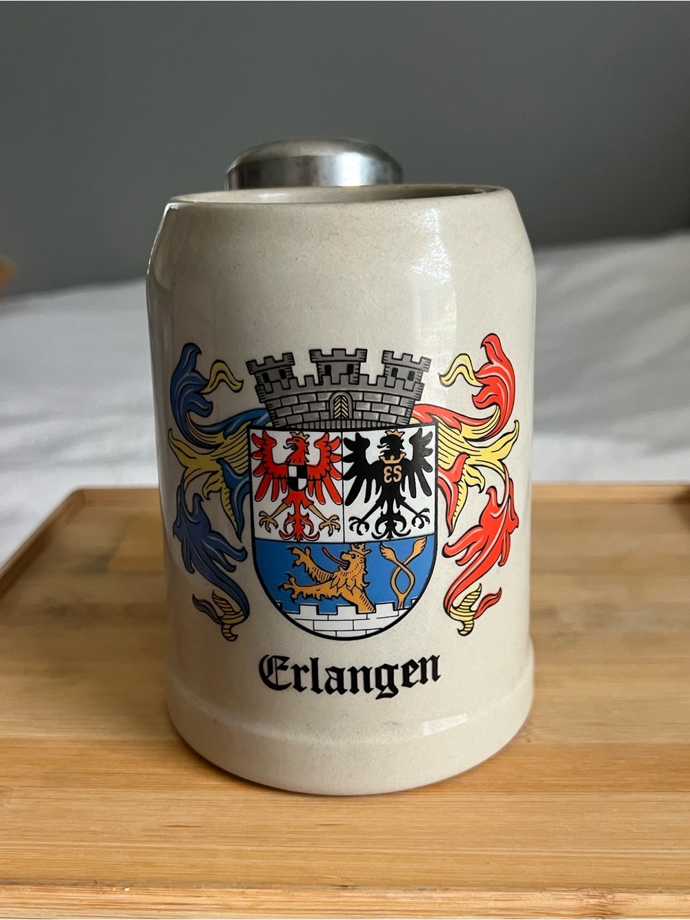 Vintage German Beer Stein Erlangen Coat of Arms Mug with working bicycle bell